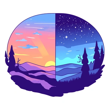 A vibrant illustration shows the horizon where "day meets night." On one side, a "radiant sunrise" bathes the landscape in warm "orange" light, casting long shadows across rolling hills. On the other side, a "starry night" sky filled with countless twinkling stars glimmers in a deep "blue." Wisps of clouds transition from the soft hues of dawn to the rich darkness of night, creating a seamless blend between the two. Silhouetted trees stand against the colorful backdrop, their branches reaching up toward the stars.