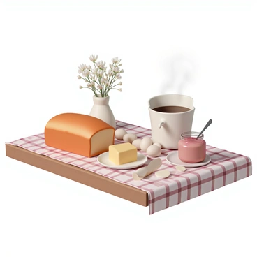 A rustic farmhouse setting with a wooden table covered in a checkered tablecloth. On the table, there is a loaf of golden-brown homemade bread, partially sliced to reveal its soft interior. Next to the bread, a small dish of creamy, fresh butter sits, appearing slightly melted under the warm light. A glass jar filled with bright red jam is open, with a spoon resting beside it. Surrounding the table are a few fresh eggs, a small vase with wildflowers, and a steaming cup of coffee, completing the inviting breakfast scene.