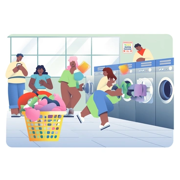 A busy laundromat scene is filled with people folding clothes and waiting for their laundry. In the foreground, there is a large, colorful laundry basket filled with freshly washed clothes. The basket is placed near a row of washing machines, which are metallic and have various buttons and dials. Several people of diverse backgrounds are engaged in different activities, with one person leaning against a washing machine, looking at their phone, while another is pulling clothes from an open dryer. The floor is tiled in light gray, and there are posters on the walls advertising laundry services and machines. A large window allows natural light to stream in, illuminating the space.
