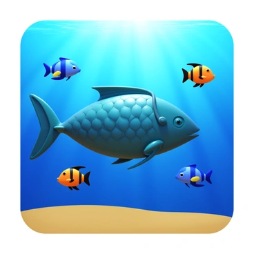 A diver in sleek, fish-like armor is exploring the depths of the ocean. The diver's armor is designed to mimic the streamlined shape and texture of a fish, featuring iridescent scales that reflect light. Surrounding the diver are colorful fish of various species, swimming gracefully through the water. Some fish are bright orange with black stripes, while others are blue and yellow, adding vibrancy to the scene. Sunlight penetrates the water's surface, creating a dappled effect on the sandy ocean floor below.