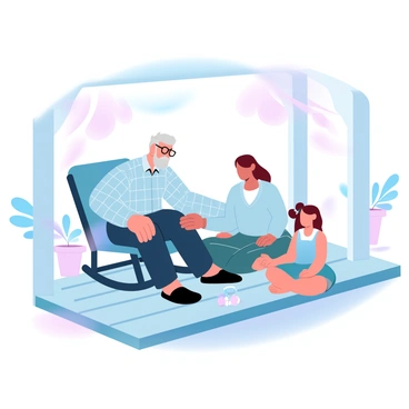 Three generations of a family are sitting together on a wooden porch in the evening. An elderly man with gray hair is seated on a rocking chair, wearing a plaid shirt and glasses. Next to him, a middle-aged woman with shoulder-length hair is sitting cross-legged on the porch floor, wearing a cozy sweater. A young girl with pigtails is playing with a small toy beside them, wearing a colorful dress. The porch is adorned with potted plants, and the soft light of the setting sun casts warm shades around them, creating a comfortable atmosphere. A gentle breeze rustles the leaves of nearby trees, enhancing the tranquil scene.