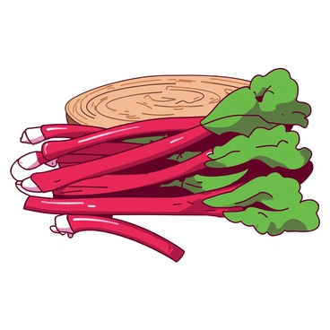 A close-up view of vibrant red and green rhubarb stalks displaying their glossy texture. The stalks are arranged closely together, emphasizing their varied colors and natural patterns. In the background, there is a rustic wooden surface that adds warmth to the image, contrasting with the bright hues of the rhubarb. The lighting highlights the shine of the stalks, enhancing their freshness and vitality.