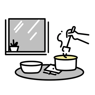 A round wooden table with a textured surface is set in a cozy kitchen. A steaming pot of soup sits at the center, releasing wisps of vapor into the air. A hand is holding a silver ladle, poised above an empty white bowl. The bowl is positioned on the table, ready to be filled. In the background, a window reveals a gray, chilly day with visible raindrops sliding down the glass. The kitchen has subtle details like a small potted plant on the windowsill and a patterned cloth beside the bowl.