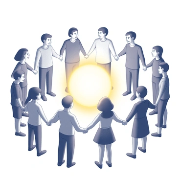 A diverse group of people standing in a circle. Each person is holding hands with their neighbors, creating a connected display of unity and support. They are of various ethnicities and ages, showcasing a rich representation of humanity. In the center of the circle, there is a glowing orb of light that emits soft rays, illuminating the faces of those surrounding it. The expressions on their faces reflect determination, hope, and solidarity as they stand together in this formation.