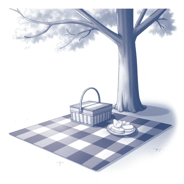 A picnic blanket is spread out on the grass, featuring a checkered pattern. In the center of the blanket, there is a picnic basket made of woven material. Surrounding the basket are neatly arranged sandwiches, wrapped in parchment paper. A large tree provides shade over the scene, its branches extending outward, with a few leaves gently swaying. Sunlight filters through the tree's foliage, casting dappled patterns on the blanket. Nearby, a soft breeze stirs the grass, enhancing the tranquil atmosphere.