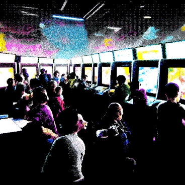 A bustling arcade is filled with numerous holographic games. Players of various ages are gathered around the game stations, their faces glowing in anticipation. Some are intensely focused on their screens, with hands gripping controllers, while others cheer and laugh. Brightly colored lights from the games illuminate the scene, and holographic images project above the consoles, showcasing various game characters and themes. The floor is crowded with people, and the air is filled with sounds of excitement and electronic noises, adding to the vibrant atmosphere of the arcade.