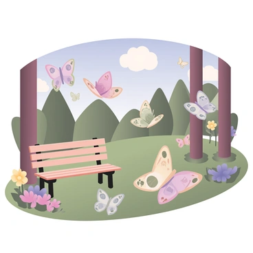 A digital flat illustration featuring several butterflies with wings made of colorful banknotes fluttering gracefully in a vibrant park. The park is filled with lush green grass and a variety of blooming flowers in shades of pink, yellow, and purple. The butterflies are different sizes, with intricate patterns on their banknote wings, reflecting a mix of currencies. In the background, there are tall trees with thick trunks and a clear blue sky above, dotted with fluffy white clouds. A simple wooden park bench is visible on the left, surrounded by colorful flower beds, adding to the lively atmosphere of the scene.