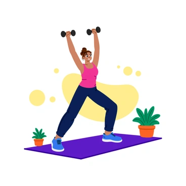 A person performing a lateral raise pose while holding dumbbells in each hand. The individual is positioned on a colorful yoga mat, showcasing a determined expression. They are wearing a fitted athletic outfit, with the sunlight casting soft shadows around them. The background features a few potted plants, adding a touch of greenery to the scene. The person's arms are extended to the sides, with the weights raised above shoulder level, demonstrating strength and balance.