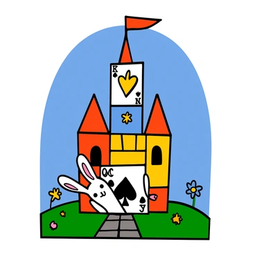A whimsical castle made entirely of oversized playing cards towers against a bright blue sky. The castle features a tall central spire with a large "king" card prominently displayed at the top. The walls of the castle are constructed from various playing cards, including "queen" and "joker" cards, creating a colorful patchwork design. Surrounding the castle are green grass fields dotted with vibrant flowers, and a small cobblestone pathway leading up to the entrance. In the foreground, a playful white rabbit peeks out from behind a card, adding a touch of magic to the scene.
