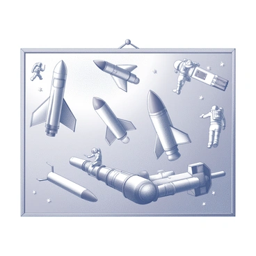 A large illustration board filled with various elements related to space exploration. Multiple rockets are positioned at different angles, showcasing their detailed designs with fins and engines. Several astronauts are depicted in space suits, some floating weightlessly while others are performing tasks or interacting with equipment. Various space stations are illustrated with multiple modules and solar panels extending outward. The background features a textured representation of space, with scattered stars enhancing the overall theme of exploration.
