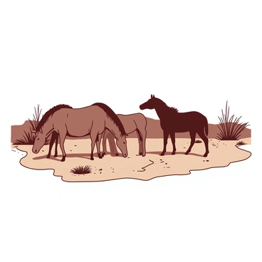 A group of prehistoric horses stands grazing on a barren landscape. The horses, with strong muscular builds and varying shades of brown, are spread out across the dry, cracked ground. In the background, sparse vegetation consists of low bushes and scattered grass patches. The sky above is vast and clear, adding to the desolate atmosphere of the scene. The horses occasionally lift their heads to observe their surroundings, showcasing their majestic build and wild nature.