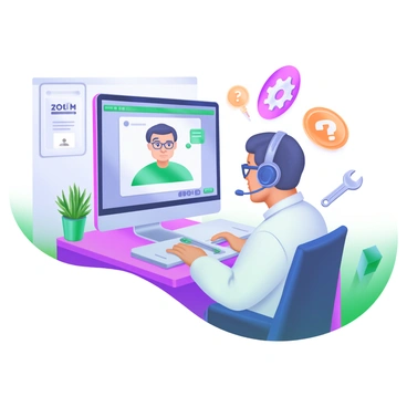 A modern pastel illustration featuring a tech support agent sitting at a desk in front of a computer screen displaying a Zoom meeting. The agent is a middle-aged person with glasses, wearing a headset, and looking attentively at the screen. On the screen, a customer appears with a concerned expression, and various icons representing troubleshooting tools float around them, such as a wrench, a gear, and a question mark. The background has a few houseplants and motivational posters on the wall, creating a professional yet friendly atmosphere.