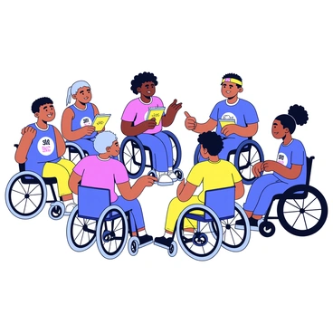A diverse group of wheelchair basketball players is gathered in a circle for a team huddle. The players include individuals of various ethnic backgrounds, showcasing different skin tones and hairstyles. Each athlete is wearing a colorful team uniform with visible numbers and logos. Their wheelchairs are uniquely designed, each having distinct colors and features. The players are leaning in closely, focused and engaged in discussion, with some pointing towards a tactical play on a small clipboard held by one player. The basketball court is visible in the background, marked with court lines and a hoop.