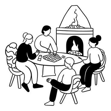 A family gathered around a large wooden table, working on a crossword puzzle together. The table is scattered with pencils and erasers. A warm fireplace is nearby, with flames flickering on the logs. Shadows are cast on the wall from the fireplace's glow. A cozy blanket is draped over one of the chairs. The atmosphere is filled with a sense of collaboration and focus as they lean towards the puzzle.