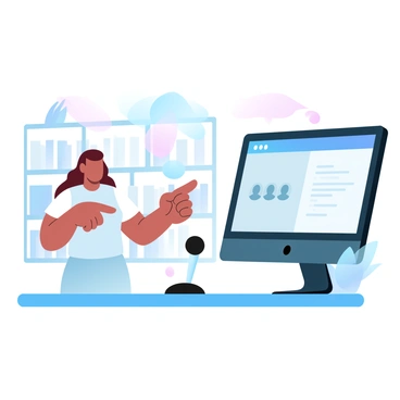 A person is standing in front of a computer, delivering a speech during a virtual conference. The computer screen displays a professional interface showing the title of the presentation and a list of attendees. The speaker is gesturing with one hand while pointing towards the screen. Behind the speaker is a modern office setup, featuring a bookshelf with books and some decorative plants. A microphone is positioned in front of the speaker on the desk, adding to the conference atmosphere.