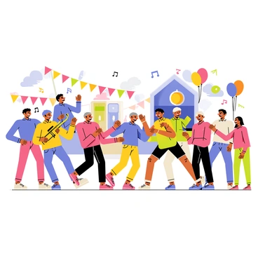 A vibrant festival scene with a variety of people. In the foreground, a group of older individuals dance joyfully, showcasing their colorful outfits and smiling faces. They are surrounded by decorative banners and balloons in the background. To one side, a lively band plays instruments, with a saxophonist and a drummer visible, while music notes float in the air. In the background, a DJ booth is set up, with a young DJ wearing headphones mixing music, surrounded by flashing lights. Several youngsters are dancing energetically, enjoying the upbeat atmosphere. The scene is filled with festive decorations and a clear blue sky overhead.