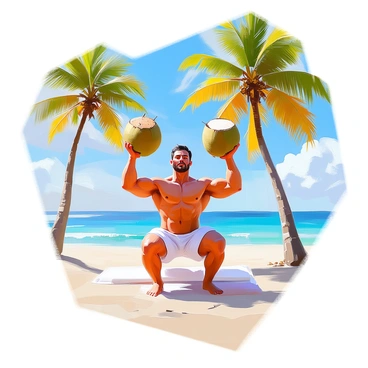 A muscular individual with tan skin is lifting two large coconuts in a hammer curl motion. The person is positioned on a deserted island with soft, white sand underfoot. In the background, there are lush green palm trees swaying gently in the breeze. The bright blue sky is dotted with a few white clouds, and the turquoise ocean can be seen in the distance. The individual is wearing a simple tank top and shorts, showcasing their toned arms as they focus on their workout.