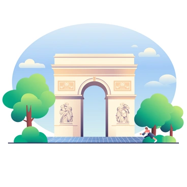 The "Arc de Triomphe" stands majestically in the center of the image, showcasing its detailed architectural features, including the intricate carvings and grand archway. Surrounding the monument are lush green trees, their leaves swaying gently in the breeze. The background is dominated by a "clear blue sky" that enhances the vibrancy of the scene. Below the arch, a pathway is visible, lined with cobblestones, inviting visitors to walk towards the monument. A few small clouds drift in the sky, adding subtle texture to the overall composition.