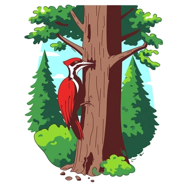 A red woodpecker is pecking at a tall brown tree trunk. The tree trunk is surrounded by lush green foliage, with sunlight filtering through the dense canopy above. Small branches with green leaves extend from the trunk, adding to the vibrant forest atmosphere. In the background, there are additional trees with varying shades of green, creating a rich depth to the scene. The woodpecker's beak is making contact with the wood, creating small chips that are falling to the forest floor below.