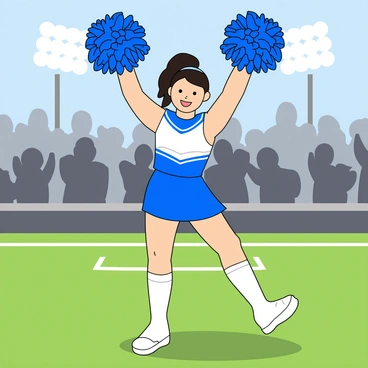 A cheerleader with dark hair in a high ponytail, wearing a bright blue and white uniform with a short skirt and matching pom-poms. She is standing confidently on a green turf field, striking a dynamic pose with one leg bent and her arms raised high, holding the pom-poms above her head. The stadium lights shine brightly overhead, illuminating her and casting a shadow on the grass. In the background, the outlines of cheering fans can be seen, creating an energetic atmosphere.