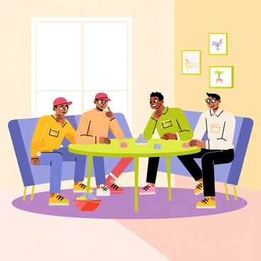A cozy living room with warm lighting and a plush rug on the floor. A round table is set in the center, covered with poker chips and cards. Four friends are gathered around the table, each with a playful poker face. One friend is wearing a red baseball cap, another has glasses and is leaning forward, while a third is leaning back with a grin. The fourth friend is pretending to be serious, with a finger on their chin. There are comfortable couches and a few framed pictures on the walls, enhancing the inviting atmosphere. A bowl of snacks sits beside the cards, completing the scene.