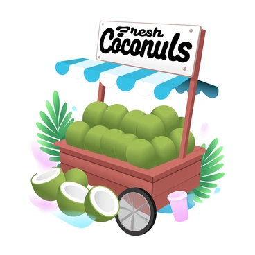 A street vendor's cart is filled with fresh coconuts, stacked neatly in a vibrant arrangement. The cart is wooden, with a colorful awning providing shade. Several coconuts are cut open, revealing the white flesh inside, and are placed next to the whole coconuts. Surrounding the cart are green palm leaves that add to the tropical feel. A sign above the cart reads "Fresh Coconuts" in bold letters, and there are small cups nearby for customers. The scene is infused with a lively atmosphere, capturing the essence of a bustling market.