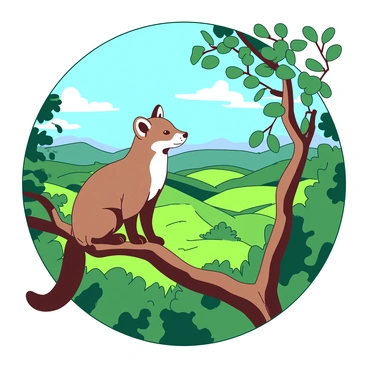 A brown pine marten is perched on a branch high in the treetops, looking out over a vast landscape. The marten has its ears perked up and a content expression as it gazes into the distance. The branches are lush with green leaves, and the sunlight filters through them, creating dappled patterns of light and shadow. In the background, there are rolling hills and patches of vibrant foliage, creating a sense of depth and expanse in the view. The sky is a clear blue, providing a striking contrast to the greenery surrounding the marten.