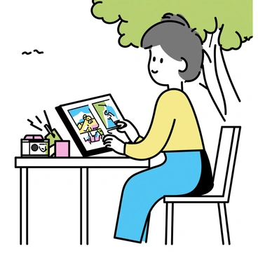 An artist is sitting at a small wooden table under a tree. The artist is focused on sketching in a vibrant sketchbook filled with colorful drawings. The sketches include landscapes, local architecture, and people encountered during their travels. Various art supplies such as colored pencils and pens are scattered on the table. The setting is lively, surrounded by lush greenery and hints of travel memorabilia, like a camera and a map, placed casually alongside the artist.
