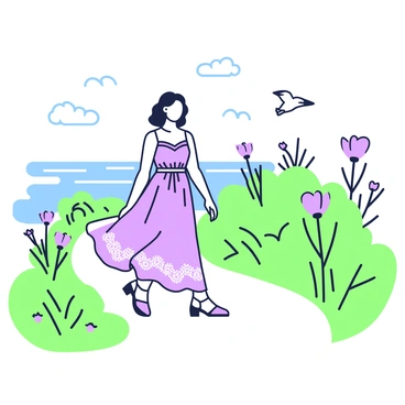 A fashion figure is walking along a scenic coastal path. The figure is wearing an elegant outfit that includes a flowing dress with intricate patterns. The dress moves gently with the breeze, and the figure has their hair styled in loose waves. The coastal path is lined with lush greenery and wildflowers, visible on both sides. In the background, the ocean glistens under the sunlight, and seagulls can be seen flying above. The path curves smoothly, inviting onlookers to admire the serene scenery.