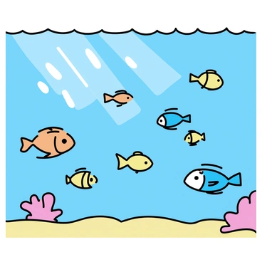 A school of tropical fish, featuring various colors such as bright orange, electric blue, and vivid yellow, swimming in a clear blue water environment. The fish are diverse in shape and size, some with long fins and others with round bodies. Sunlight filters down through the water, creating a dappled light effect on the sandy ocean floor below. Coral formations can be seen in the background, adding additional color and texture to the underwater scene.