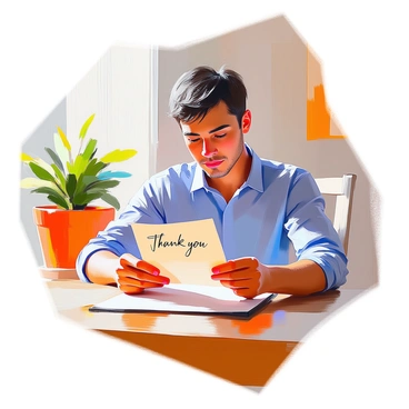 A customer with medium skin sitting at a wooden table is reading a handwritten thank you note. The note is written on textured cream-colored stationery and features neat, flowing handwriting. The customer has short dark hair and is wearing a casual blue shirt. The background shows a cozy setting with soft lighting and a few potted plants on the table. The customer looks thoughtful and appreciative as they hold the note in their hands, reflecting on the message.