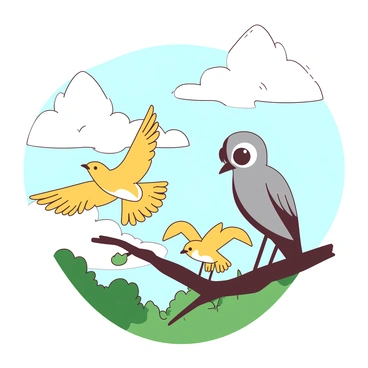 A yellow young chouette is flapping its wings as it attempts to take flight. Nearby, a wise gray chouette with large, round eyes is watching closely, perched on a low branch. The sky is filled with soft, white clouds, creating a serene backdrop. Below, there is a lush green landscape that adds a sense of depth to the scene. The young chouette is surrounded by a couple of its siblings, all eagerly trying to mimic their instructor's movements as they practice flying.