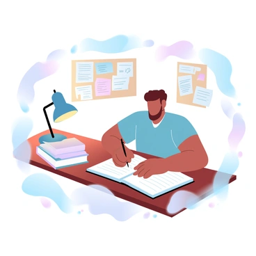 A writer is sitting at a wooden desk, surrounded by crumpled sheets of paper scattered around. The writer is focused on a notebook, writing with a pencil. A few open books are stacked beside the notebook, adding to the clutter. Various notes are pinned to a corkboard in the background, filled with ideas and reminders. The scene is illuminated by a warm desk lamp, casting a soft glow over the workspace.