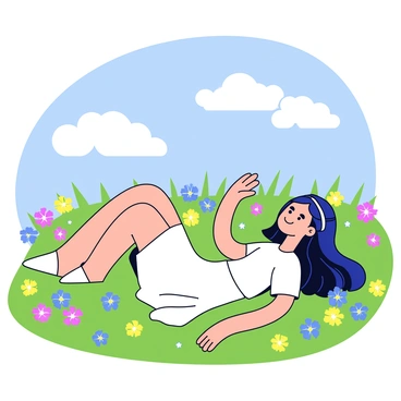 A woman with long flowing hair is lying on her back in a meadow filled with colorful wildflowers. The wildflowers are a mix of yellow, pink, and blue, creating a vibrant carpet on the green grass. She is wearing a simple white dress that contrasts with the bright colors of the flowers. Her arms are stretched out beside her, and her gaze is directed upwards towards a clear blue sky with fluffy white clouds drifting by. The scene captures a peaceful moment in nature, with the sunlight softly illuminating her face.