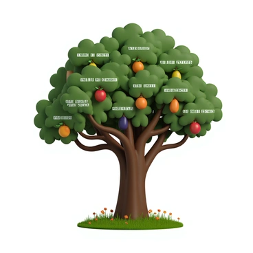 A large tree with a thick trunk and a wide canopy, displaying a variety of branches. Each branch is labeled with the names of different LIC policies in bold, clear letters. The leaves on the branches are lush and green, creating a vibrant contrast. Hanging from the branches are colorful fruits, each one labeled with specific benefits of the corresponding policy. The fruits vary in size and shape, showcasing the diverse range of advantages each policy offers. The ground is covered with grass, and there are a few scattered flowers around the base of the tree.