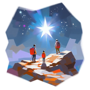 A lone star shines brightly against the deep, dark backdrop of the night sky. Its light radiates with a strong, clear brilliance, illuminating the surrounding stars with a subtle glow. Below, a landscape is visible, featuring a winding path that guides travelers through the terrain. The travelers, small figures against the vastness of the scene, look up towards the guiding star, their expressions filled with hope and determination. The scene captures the contrast between the vast sky and the grounded figures beneath.