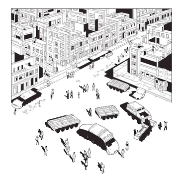 An aerial view of a bustling city filled with various buildings of different heights and styles. In the central square, a group of people is gathered, some are standing while others are sitting, engaged in conversation. Scattered throughout the square are multiple military vehicles, including a few armored trucks and a personnel carrier, all parked on the pavement. The people around the vehicles display a mix of curiosity and concern, while the shadows of the buildings stretch across the square. The city’s streets are lined with trees and small shops, adding vibrancy to the urban landscape.