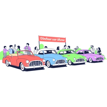A row of classic cars is prominently displayed at a vintage car show. Each car showcases unique features, such as rounded fenders, chrome bumpers, and elegant curves. The first car on the left is a bright red convertible with a beige interior, its top down. Next to it, a blue coupe with a gleaming front grill stands proudly, reflecting sunlight off its polished surface. Following that, there is a green sedan with vintage decals on the sides. At the end of the row, a sleek purple sports car captures attention with its aerodynamic design and distinctive headlights. The background is filled with spectators admiring the vehicles and taking photos, while a colorful banner indicating the vintage car show hangs overhead.