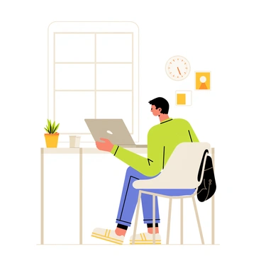 A digital nomad is sitting on a light wooden floor, unpacking a sleek silver laptop. The individual is placing the laptop on a simple white desk with clean lines. The minimalist space features neutral-colored walls, with a large window letting in natural light. A small potted plant sits on the desk next to the laptop, and a comfortable chair without armrests complements the workspace. A backpack is resting against the wall nearby, indicating recent travel. A few decorative items, like a minimalistic clock and a framed photograph, adorn the wall behind the desk.