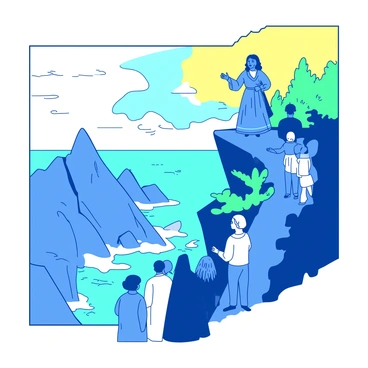 A blue figure of Dona Marina, dressed in traditional attire, is leading a group of people along a narrow cliffside path. She is gesturing expressively, as if interpreting local tales, while her audience listens attentively. The cliffside drops sharply to a turquoise sea below, with waves crashing against the rocks. The path is bordered by vibrant green vegetation, and the sky above is a gradient of yellow and blue, suggesting a warm afternoon. The group consists of diverse individuals, each with their own unique attire, captivated by Dona Marina's storytelling.