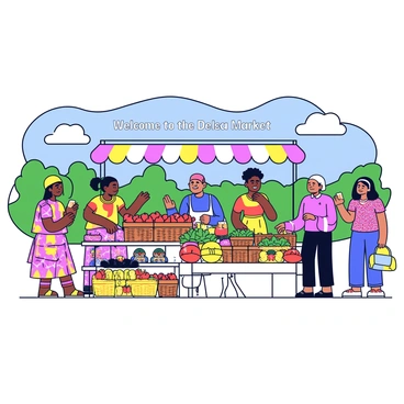 A vibrant market scene set in a delta community. Stalls are filled with colorful traditional crafts such as woven baskets, hand-carved wooden figurines, and brightly patterned textiles. Fresh produce is displayed prominently, with piles of ripe tomatoes, green leafy vegetables, and tropical fruits like bananas and mangoes. Community members, wearing traditional clothing, are interacting and shopping. In the background, the delta landscape features lush greenery and a clear blue sky. "Welcome to the Delta Market" is written in bold letters above one of the stalls.