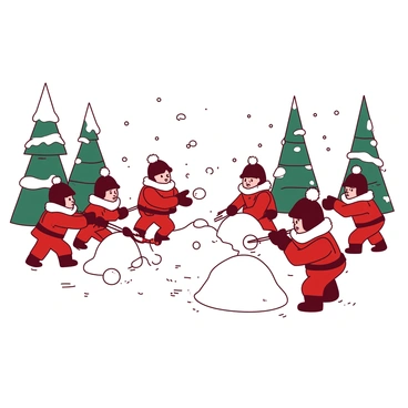 A group of red toy soldiers, wearing winter gear complete with fur-lined hats and scarves, are engaged in a snowball fight in a snowy landscape. The soldiers are crouched behind small snowbanks, preparing their snowballs with focused expressions. Snowflakes are gently falling around them, creating a soft blanket of white covering the ground. In the background, tall evergreen trees are dusted with snow, adding to the winter scene. Some soldiers are mid-throw, with snowballs flying through the air towards their opponents.