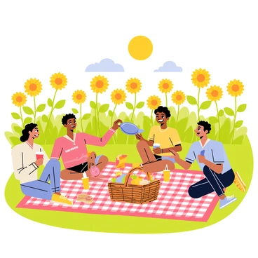 A group of five friends is sitting on a red and white checkered picnic blanket spread out on a vibrant green field filled with tall sunflowers. The friends are enjoying a picnic, with a wicker basket overflowing with colorful fruits and sandwiches placed in the center of the blanket. Each friend is smiling and engaged, with one person pouring juice into cups while another is holding a frisbee. The sun is shining brightly in a clear blue sky, casting warm light over the scene. Sunflowers tower above the picnic blanket, their yellow petals contrasting with the green foliage and adding a cheerful atmosphere.
