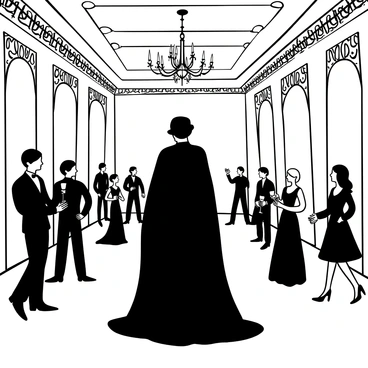 A tall figure of "Nosferatu" stands in the center of a grand ballroom, wearing a dark cloak that flows to the ground. The ballroom is adorned with lavish chandeliers hanging from an ornate ceiling and intricate patterns on the walls. Elegantly dressed guests in formal attire mingle around "Nosferatu", unaware of his presence. Some guests are holding champagne glasses while others engage in conversation. The scene captures the contrast between the sinister figure and the lighthearted atmosphere of the gathering.