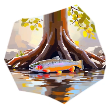 A brown trout with intricate patterns of brown and gold scales is positioned beneath the gnarly roots of an aged tree along a riverbank. The trout's body is partially obscured by the tangled roots, creating a natural camouflage against the earthy tones. Sunlight filters through the leaves above, dappling the water's surface with patches of light. The water is clear, revealing pebbles and small plants on the riverbed. The tree's bark is rugged and textured, contrasting with the smooth, shimmering surface of the fish. Small ripples in the water suggest gentle currents, enhancing the tranquil setting.