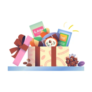 A beautifully wrapped gift box is placed on a light wooden table. The box is adorned with a rich brown ribbon tied into a perfect bow. The wrapping paper features delicate patterns of cocoa beans and swirls of chocolate. Slightly open, the box reveals an assortment of cacao-themed goodies inside. There are small, rectangular chocolate bars with dark brown wrappers, a round tin of hot cocoa mix with a vibrant label, and a bag of chocolate-covered almonds. A few cacao pods are scattered around the box, adding to the thematic presentation. The overall scene is inviting and festive.
