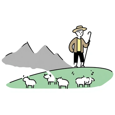 A solitary shepherd is standing on a gently sloping hill, wearing a brown jacket and a wide-brimmed hat. He is holding a wooden staff, watching over a flock of white sheep scattered across the green grass. The background features distant mountains, their peaks shrouded in a soft layer of fog, creating a sense of depth and tranquility. The atmosphere is calm, with wisps of mist weaving between the sheep and the ground.