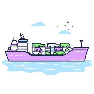 A massive cargo ship is navigating through a calm ocean, with a clear horizon in the background. The ship is loaded with rows of cars stacked securely on its deck. Each row features various car models, showcasing their sleek designs. The calm water reflects the ship's outline, creating a subtle ripple effect around the hull. In the distance, a few seagulls can be seen flying above the water, adding to the maritime scene. The sky is clear, and the overall composition portrays a sense of vastness and tranquility at sea.