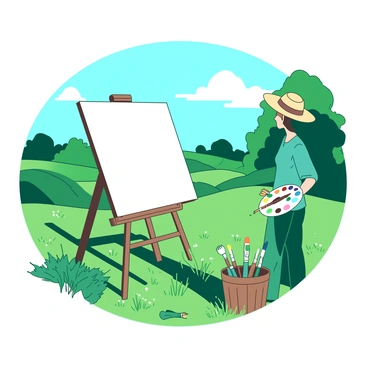 A white canvas stands on an easel in the middle of an open countryside setting, surrounded by rolling green hills and patches of wildflowers. A teal artist wearing a straw hat is standing beside the easel, holding a palette filled with vibrant colors. In the background, there are trees with thick green foliage and a clear blue sky dotted with fluffy white clouds. Near the artist, there is a wooden bucket filled with brushes, some resting on the grass. The scene conveys a sense of creativity and inspiration, with nature providing the perfect backdrop for the landscape painting.