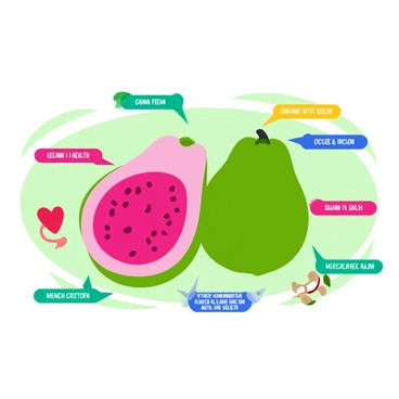 An infographic-style illustration featuring a large, ripe guava cut in half, showcasing its vibrant pink flesh and numerous small seeds. Surrounding the guava are colorful icons representing various health benefits, such as a heart for cardiovascular health, a digestive system for improved digestion, and a glowing skin illustration for skin health. Each icon is accompanied by a short, colorful label that describes the benefit. The background is a light green to reflect a fresh and healthy theme. The overall layout is organized and clear, guiding the viewer's attention through the information.